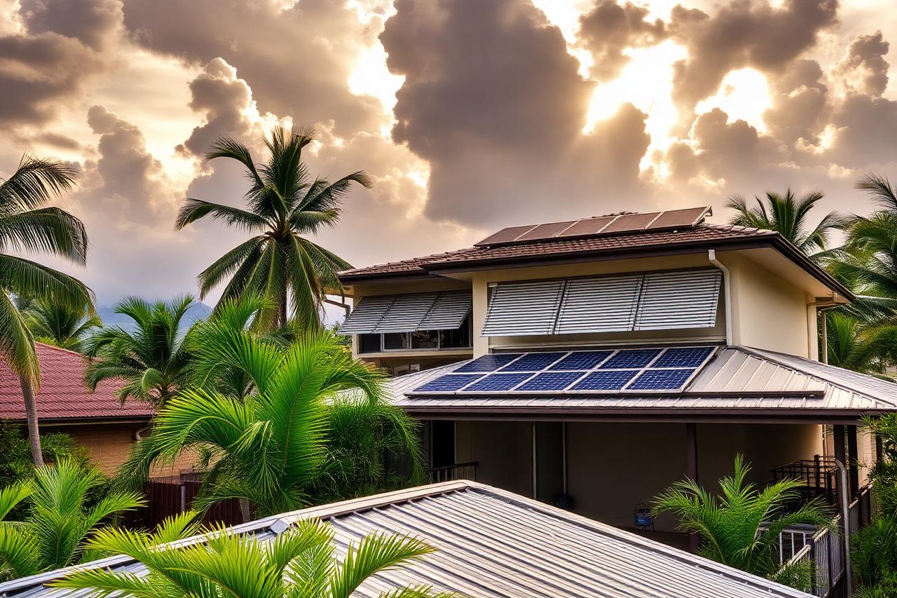 An elevated Darwin home with an outdoor hot water system and solar collectors on the roof during the wet season.