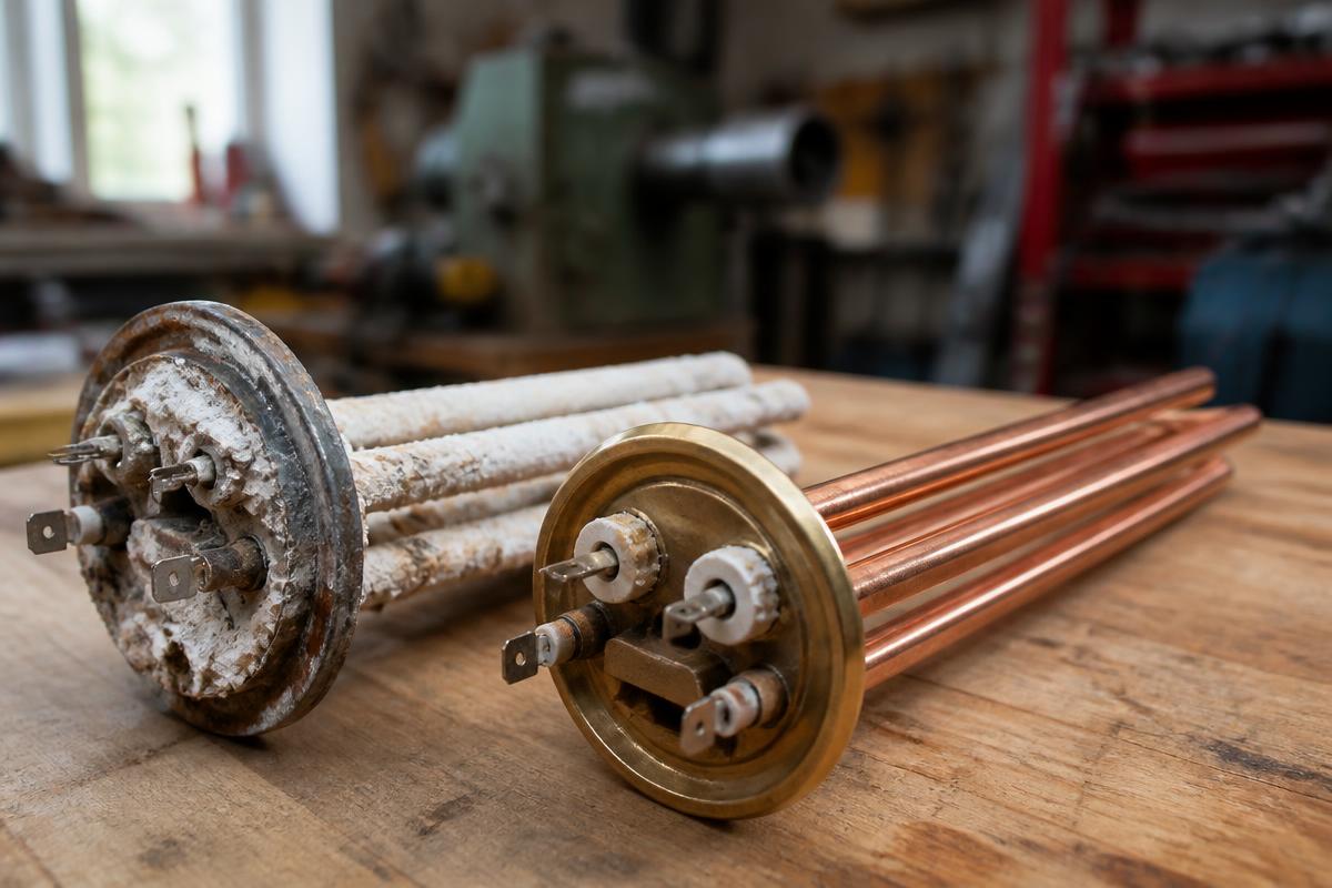 An old scaled-up hot water heating element beside a new replacement element on a workbench.