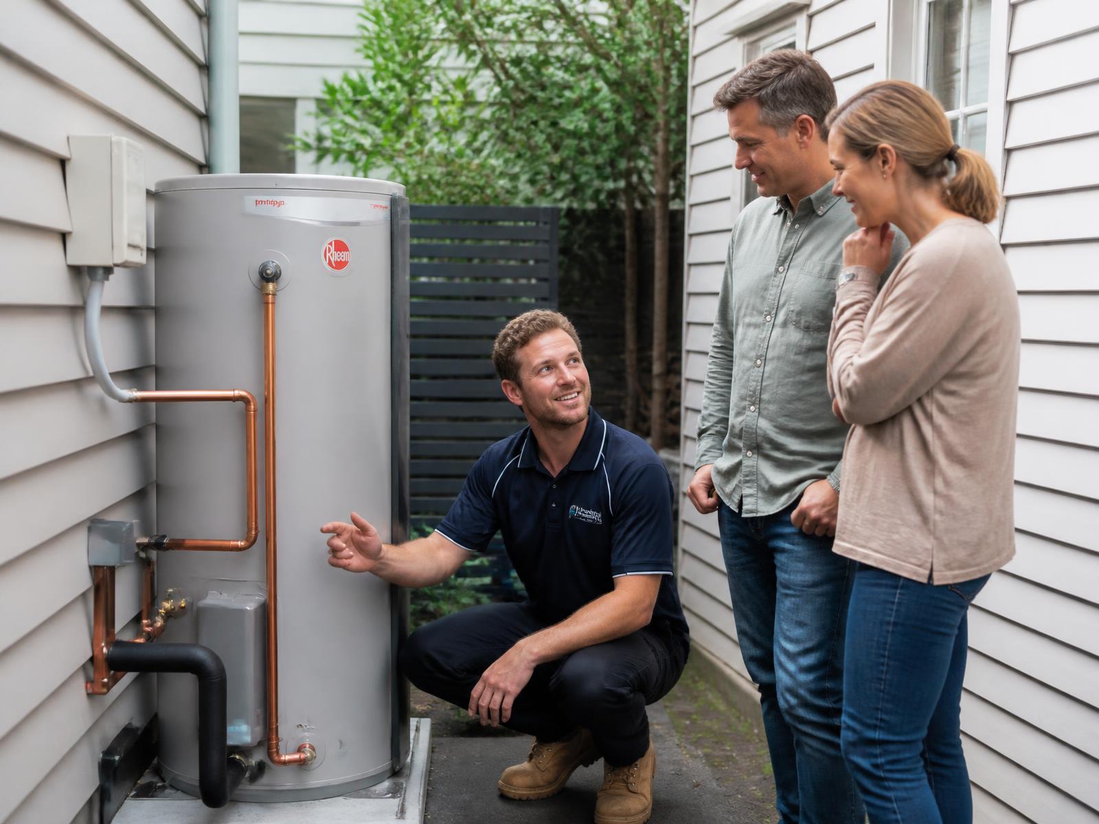Darwin plumber explaining a newly installed hot water system to homeowners under an elevated home