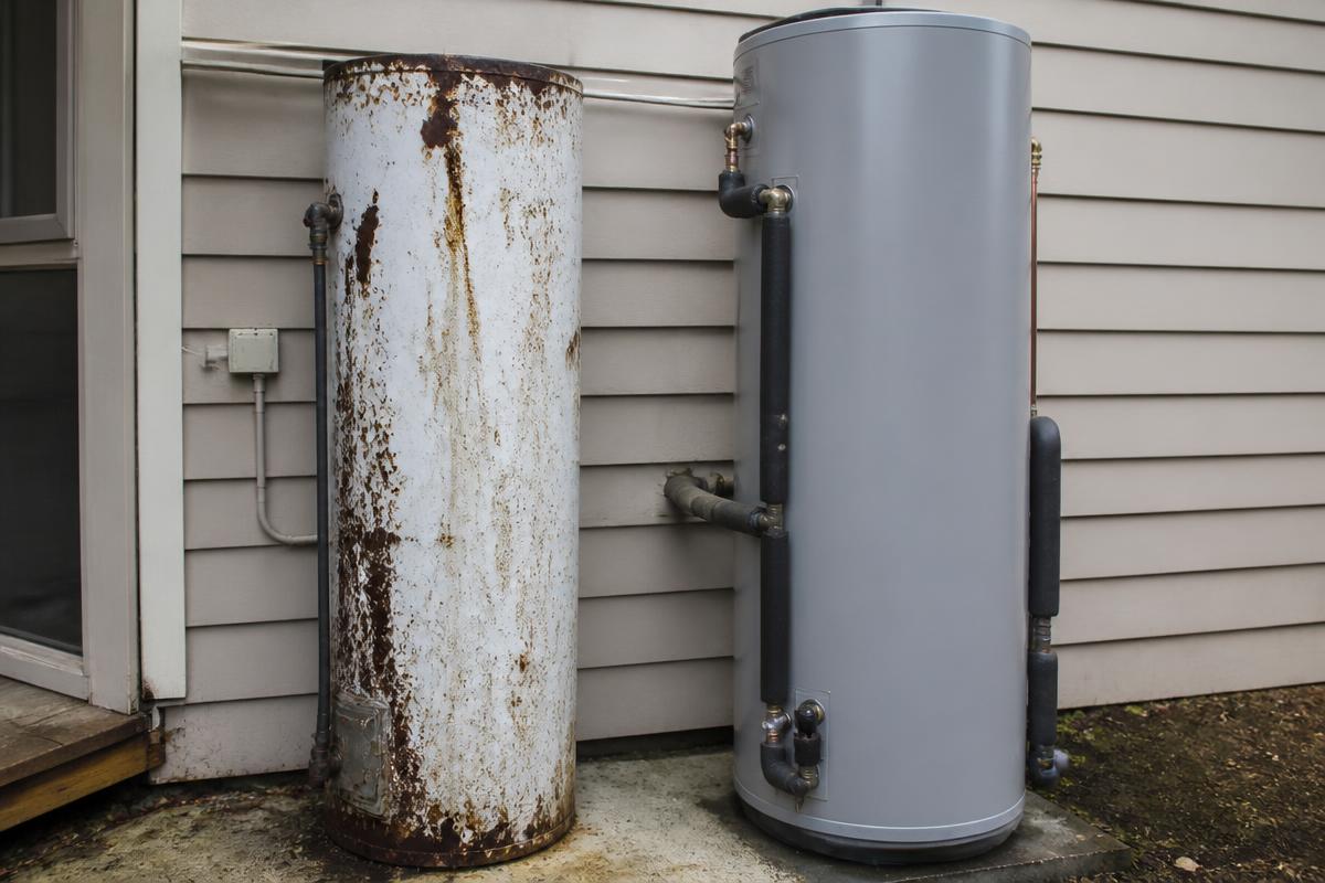 An old corroded storage hot water cylinder standing beside a modern replacement system.