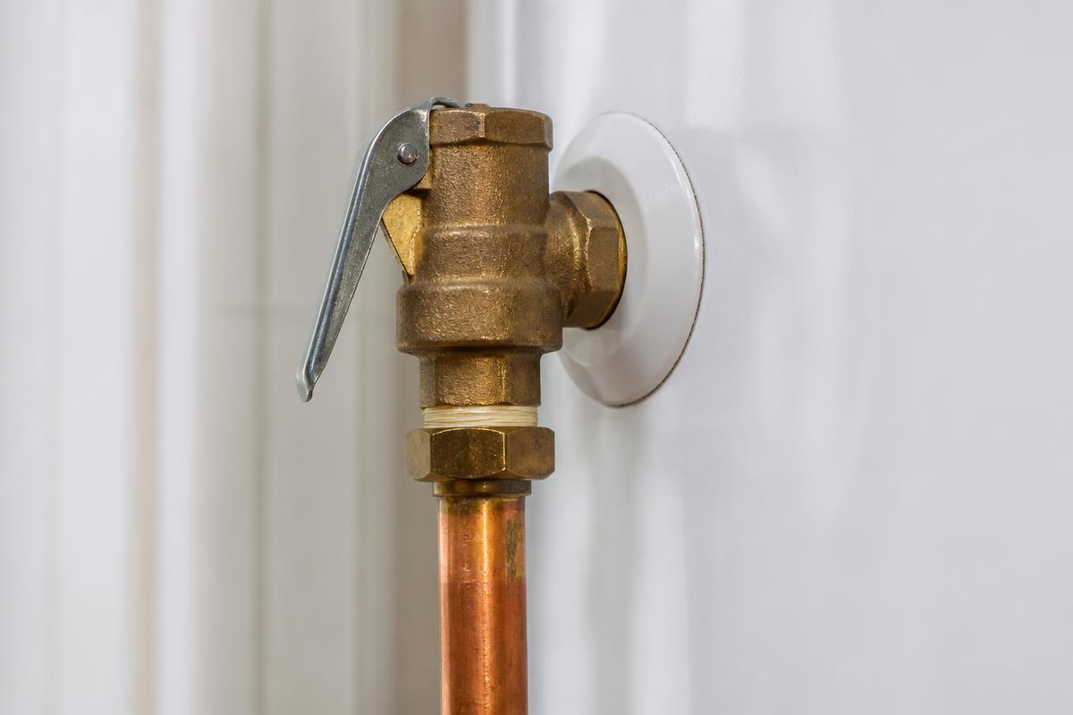 Close-up of a brass pressure and temperature relief valve on a clean storage hot water cylinder.