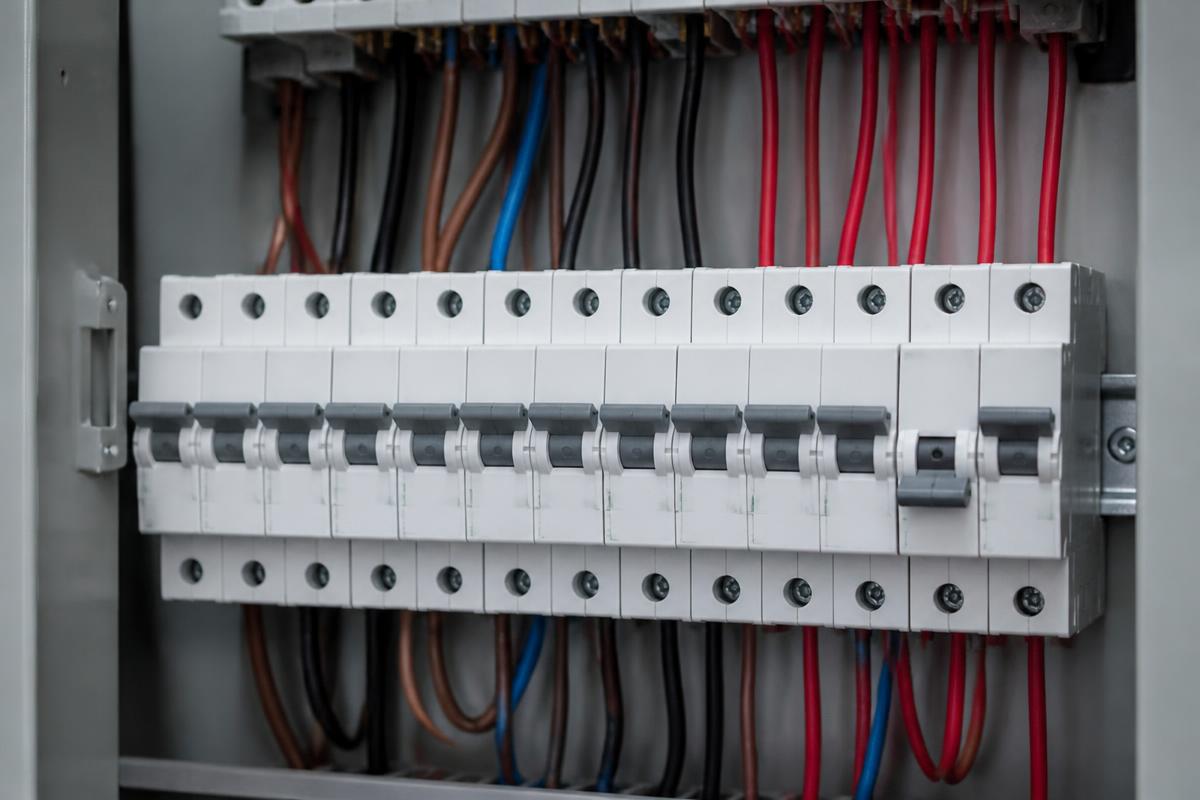 An Australian residential switchboard with one circuit breaker in the tripped position.