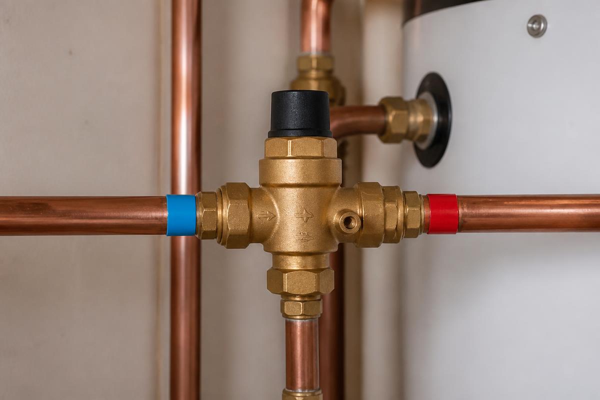 A brass tempering valve installed on the copper pipework of a domestic hot water system.