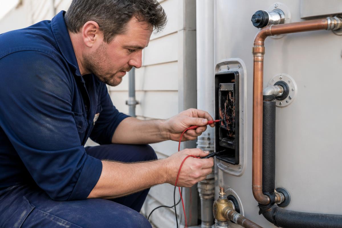 A licensed plumber testing the thermostat of an electric hot water cylinder with a multimeter.